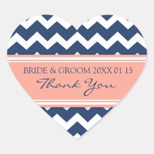 Sticker Cœur Blue Peach Chevron Merci Wedding Favor Tags