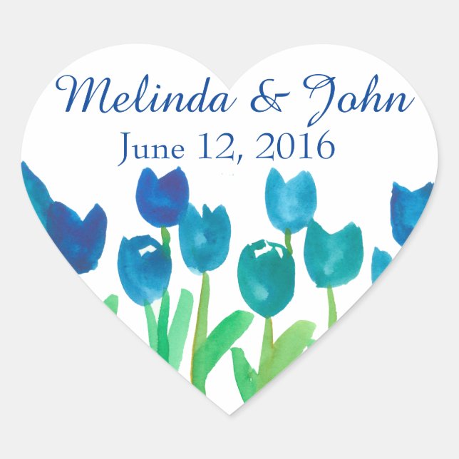 Sticker Cœur Blue Tulip Garden Aquarelle Fleurs Mariage (Devant)