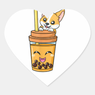 Sticker Cœur Boba Tapioca Pearls Bubble Milk Tea Drink Corgi Do