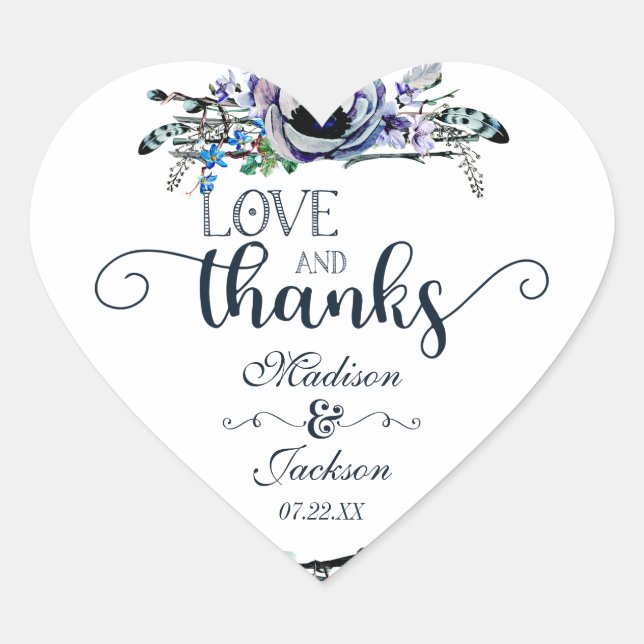 Sticker Cœur Boho Chic Mint & Navy Floral Love & Thanks Favoris (Devant)