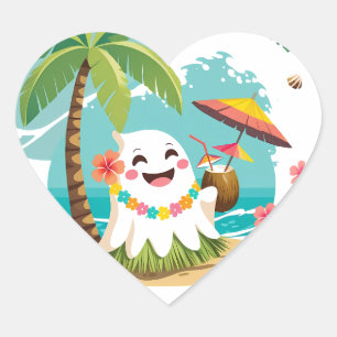 Sticker Cœur Boo tropical - Kawaii Hawaiian Ghost Vacances