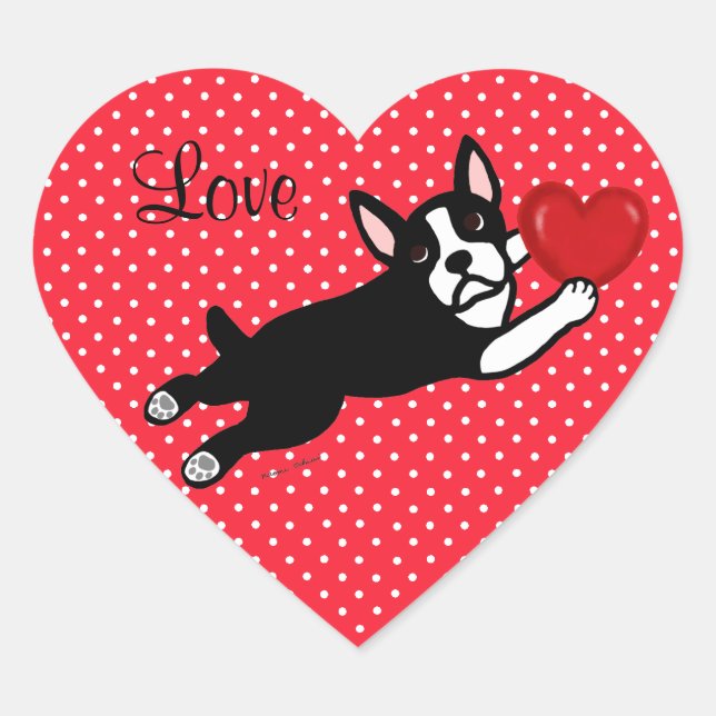 Sticker Cœur Boston Terrier & Red Heart Cartoon Love (Devant)