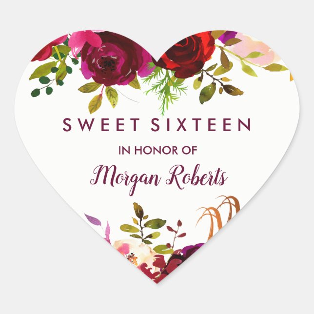 Sticker Cœur Bourgogne Boho rouge Sweet sixteen floral 16 Anniv (Devant)