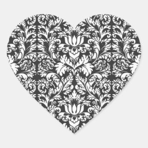 Sticker Cœur Brocard de dentelle en damas noir et blanc vintage