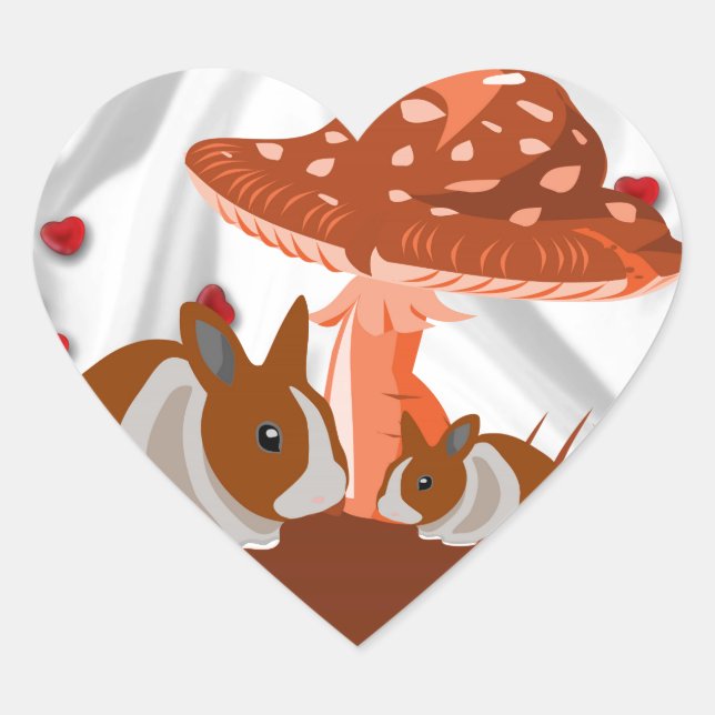 Sticker Cœur Cadeau aux enfants de champignons et lapins (Devant)