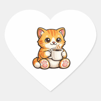 Sticker Cœur Café Chat Mignon – Chat Orange Cosy Buvant du Café