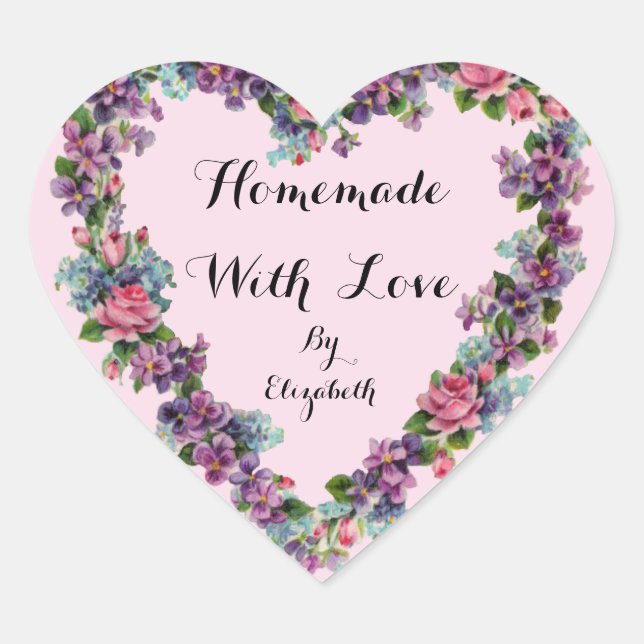 Sticker Cœur Calligraphie Rose Florale Faite Maison Avec Amour (Devant)