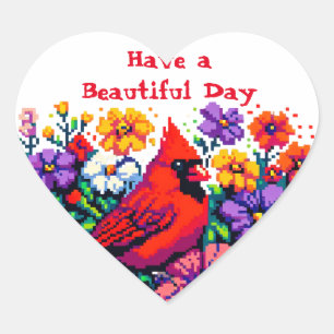 Sticker Cœur Cardinal rouge et fleurs   Belle Journée