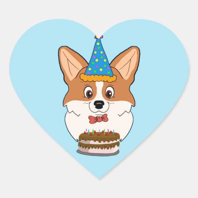 Sticker Cœur Caricature de Corgi gallois d'anniversaire (Devant)