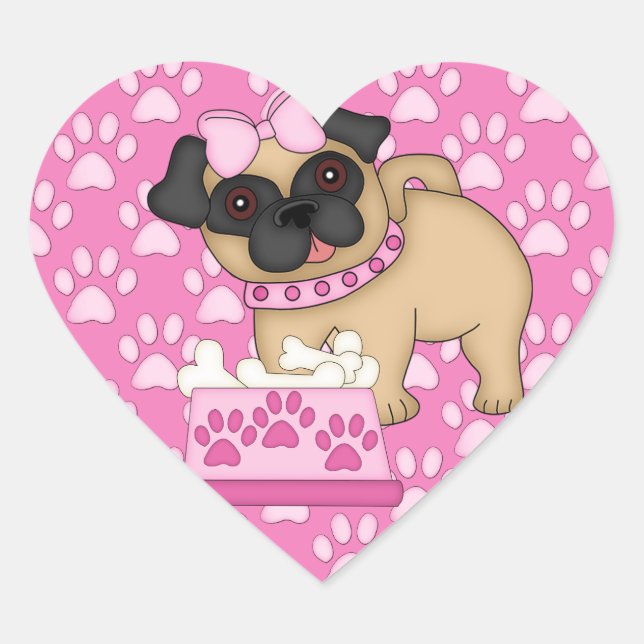 Sticker Cœur Carlins Cuties Bandes et pattes roses (Devant)