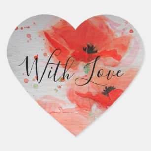 Sticker Cœur Carte d'anniversaire à plat aquarelle Coquelicots 