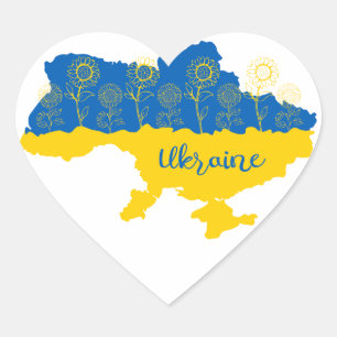 Sticker Cœur Carte de l'Ukraine avec tournesol et drapeau ukrai
