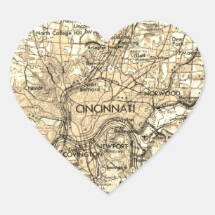 Sticker Cœur Carte Vintage de Cincinnati Ohio
