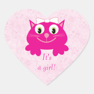 Sticker Cœur Carton Rose Cute Chat C'Est Une Fille Nouveau Bébé