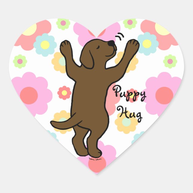 Sticker Cœur Cartoon floral de chocolat Labrador Puppy Hug (Devant)