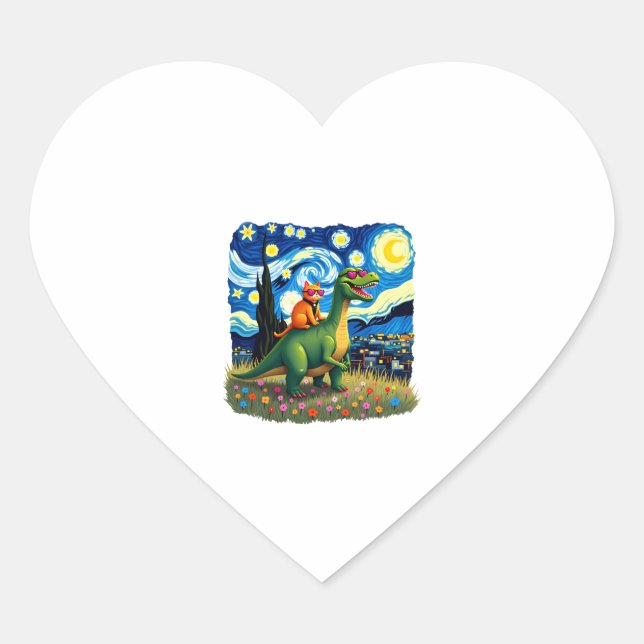 Sticker Cœur Cat Riding Dinosaur T-Rex Starry Night Cat Lover ( (Devant)