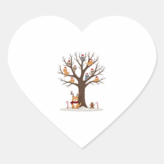 Sticker Cœur Cats In Snow Tree Winter Christmas Santa Hat X-mas (Devant)