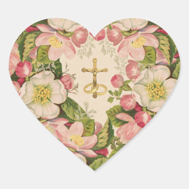 Sticker Cœur Cercles mariages Croix Fleurs de cerisiers Vintage (Devant)