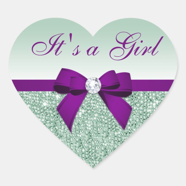 Sticker Cœur C'est une fille Faux Mint Sequins Purple Bow (Devant)