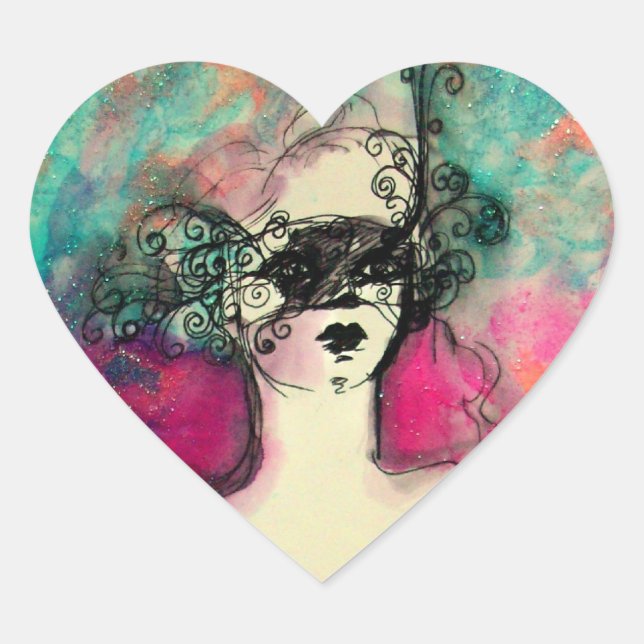 Sticker Cœur CHARME /Dame Avec Masque Rose Vert Turquoise (Devant)