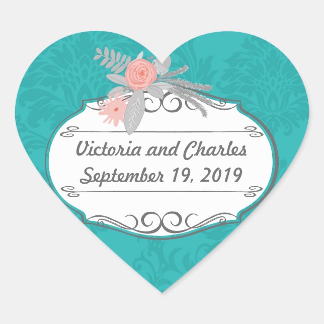 Sticker Cœur Chartreuse moderne Turquoise Mariage damassé (Devant)