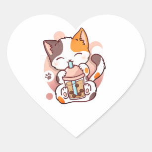 Sticker Cœur Chat Boba Tea Bubble Tea Anime Kawaii Neko pour fi