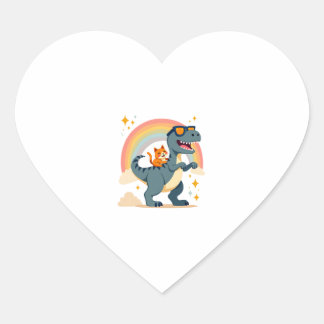 Sticker Cœur Chat chevauchant le dinosaure T-Rex Kitten Arc-en-