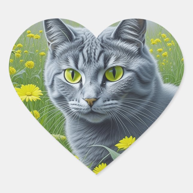 Sticker Cœur Chat gris mignon avec Yellow Eyes Ai Art (Devant)