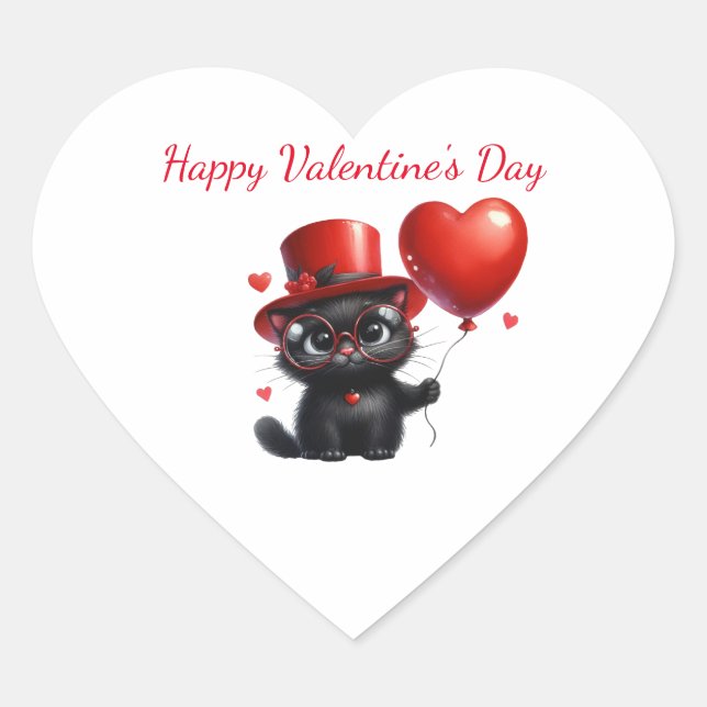 Sticker Cœur Chat noir drôle avec ballons Saint-Valentin (Devant)