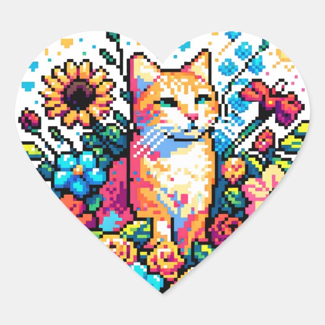 Sticker Cœur Chat orange en Fleurs Pixel Art (Devant)