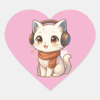 Sticker Cœur ​ chaton casque Kawaii Kitten en rose