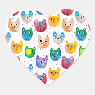 Sticker Cœur Chats aquarelles et amis