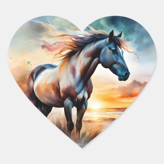 Sticker Cœur Cheval sauvage sur la dune de Grassy au coucher du (Devant)