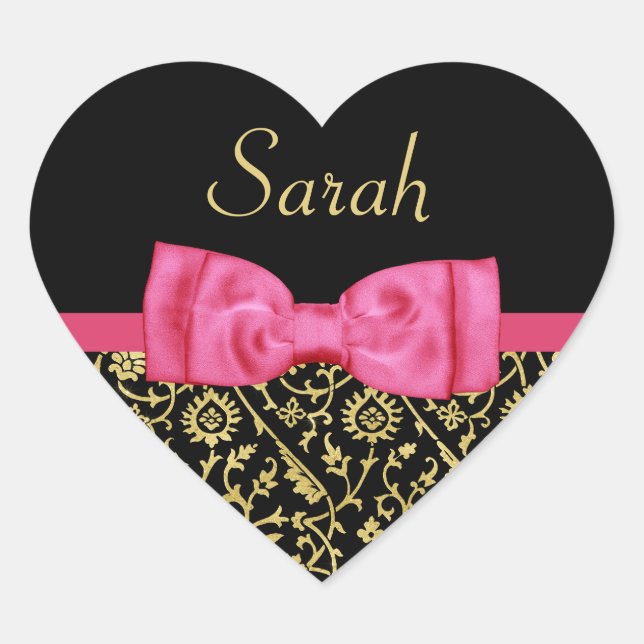 Sticker Cœur Chic Black Gold Floral Damask Rose Bow et nom (Devant)