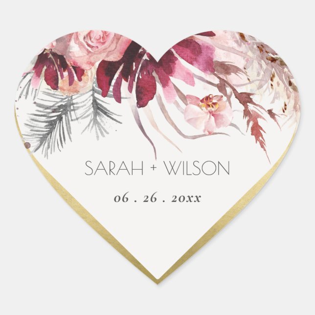 Sticker Cœur Chic Bourgogne Blush Floral Pampas Mariage Grass (Devant)