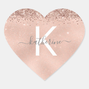 Sticker Cœur Chic Rose Gold Parties scintillant Monogramme Nom