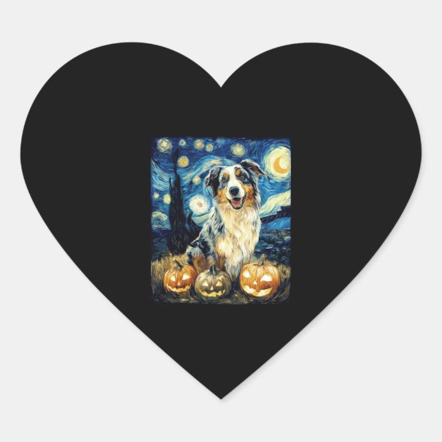 Sticker Cœur Chien berger australien mignon Halloween Jack O La (Devant)