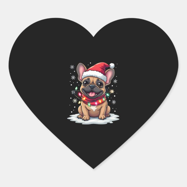 Sticker Cœur Chiens de Noël Français Drôle Lumières de chapeau  (Devant)