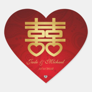 Sticker Cœur Chinois "Coeur" Double Bonheur avec diamants