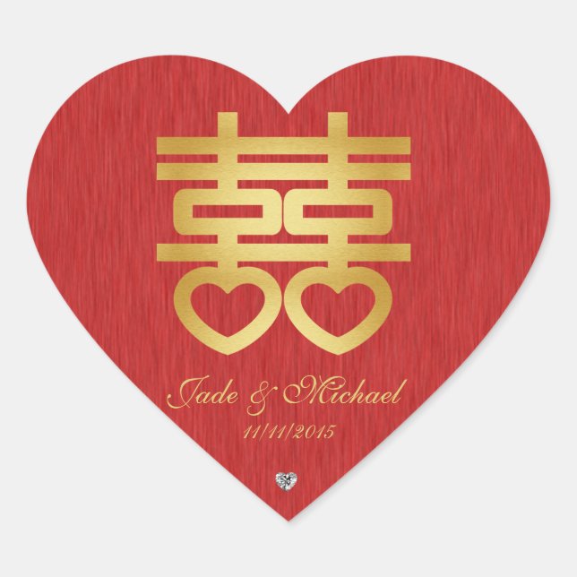 Sticker Cœur Chinois "Coeur" Double Bonheur avec diamants (Devant)
