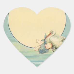 Sticker Cœur Cigogne vintage portant un bébé garçon dans une co