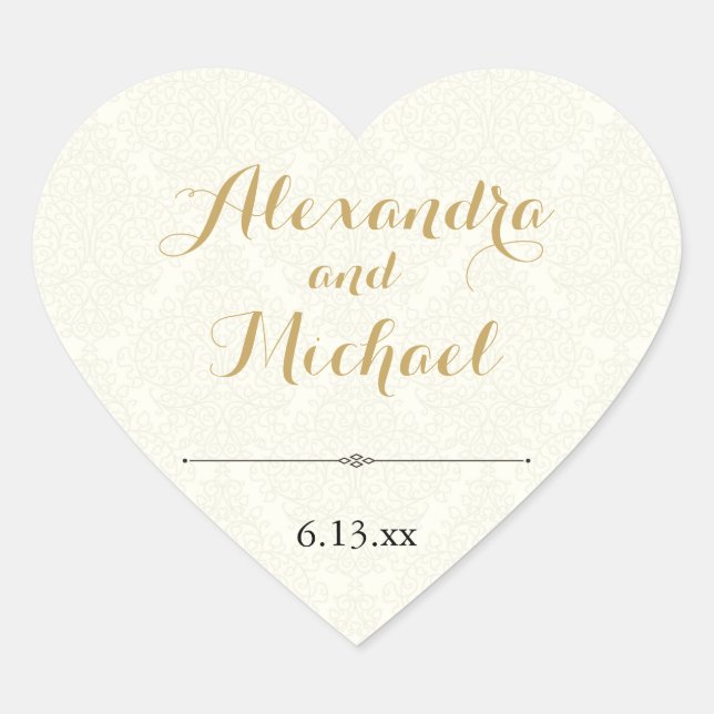 Sticker Cœur Classic Elegant Ivoire Gold Black Mariage damassé (Devant)