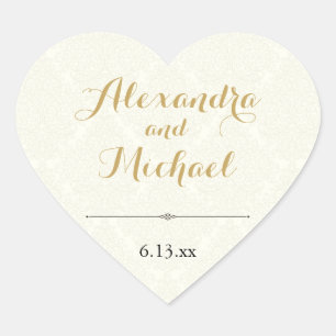 Sticker Cœur Classic Elegant Ivoire Gold Black Mariage damassé