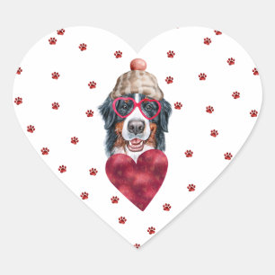 Sticker Cœur Coeur aux Pattes Rouges Roses Chien Bernois Saint-
