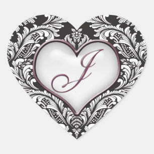 Sticker Cœur Coeur damassé noir blanc Lettre monogramme J Stick