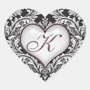 Sticker Cœur Coeur damassé noir blanc Lettre monogramme K Stick