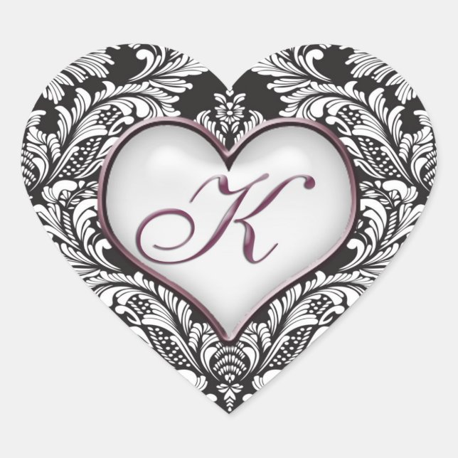 Sticker Cœur Coeur damassé noir blanc Lettre monogramme K Stick (Devant)