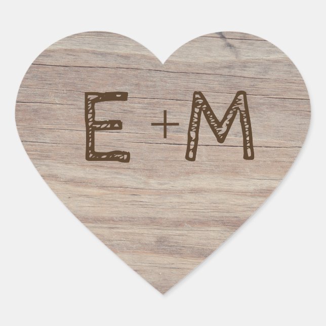 Sticker Cœur Coeur en bois sculpté Initiales rustiques Mariage (Devant)