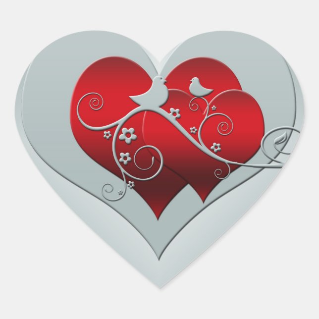 Sticker Cœur Coeur et colombes en argent et rouge (Devant)