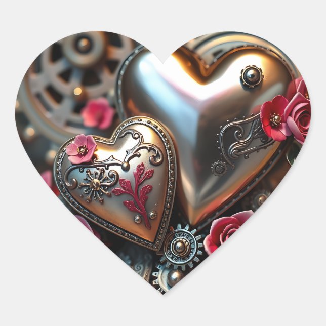 Sticker Cœur Coeurs métalliques et fleurs roses Steampunk (Devant)